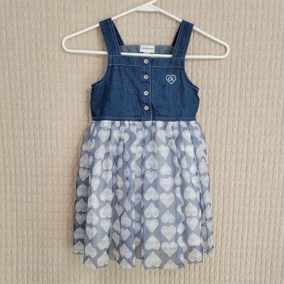 Calvin Klein Girls 5 Dress Denim Tulle Hearts Dark Blue Jean White Sleeveless