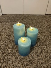 Set of 3 Teal Flameless LED Candles Remote Timer Flicker Wax Pillar Battery