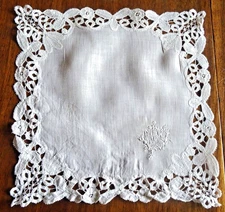 Early 20th Century Embroidered and Monogrammed Yarn Handkerchief "- 28cm x 28cm