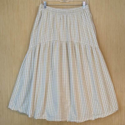 Old Navy Womens Beige Gingham Curved Tiered Midi Skirt Large Cottagecore Cotton