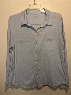 LOFT 100% Cotton Full Button Up Long Sleeve Classic Style Pockets Light Blue LG