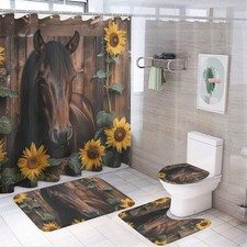 4Pcs Floral Leaves Horse Animal Shower Curtain Sets, 4pcs Vintage Rustic Sunf...