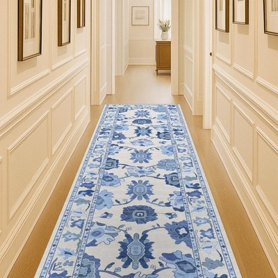 Navy Blue Oushak Runner Rug, Modern Runners, Turkish, Eclectic, Floral,