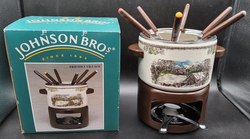  Johnson Bros The Friendly Village 6 Cup Fondue Pot Set with Forks in Box