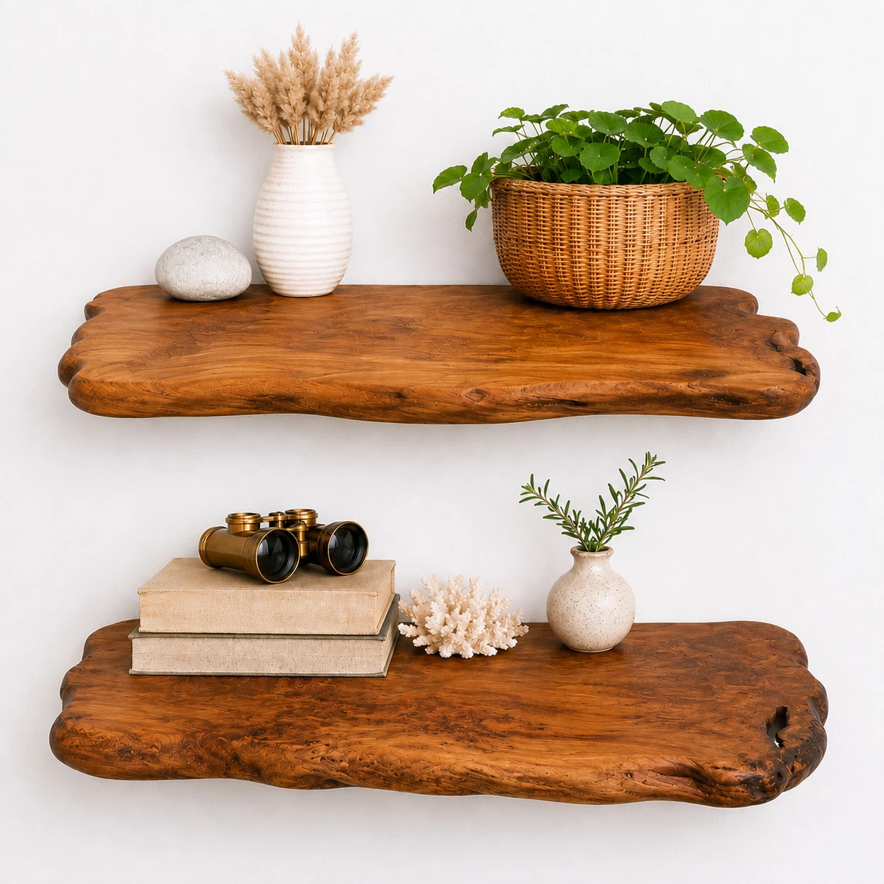 WELLAND 15.5 in Cedar Live Edge Floating Wall Shelves Set of 2 - Rustic Natual