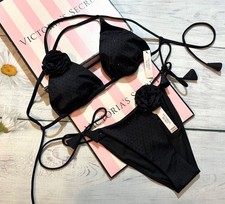 Victoria's Secret Rosette Shine Triangle Bikini Top Brazilian Bottom Set Black