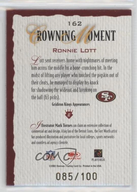 2002 Donruss Gridiron Kings Gold /100 Ronnie Lott #162 HOF - Image 2 of 2