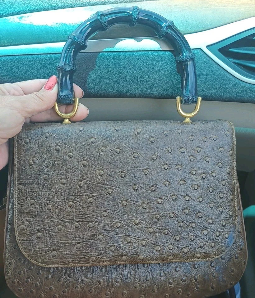Vtg Acrylic Faux Bamboo Handle Ostrich GRETA hand bag purse Flap 3 Section Brown - Imagem 2 de 4