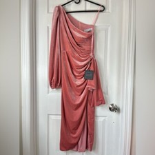 Ieena For Mac Duggal pink velvet runch side slit one shoulder midi dress size XS