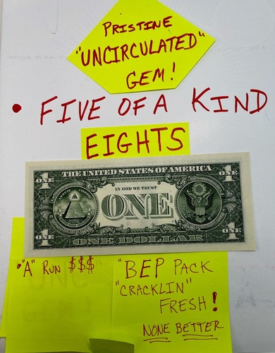 Five in a Kind 8’s Eights UNCIRCULATED A Run Fancy Serial Number One Dollar Bill - Picture 3 of 14