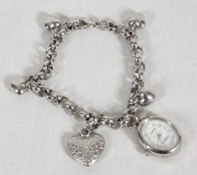 Silver Heart Charm Bracelet with Watch New Battery Heart Charm Watch Stainless Steel Silver Tone Chain Brand  main image 3
