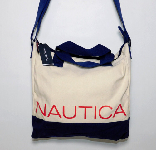 New NWT Nautica CrossBody Shoulder Natural / Indigo / Red 12 X 12 Canvas Bag
