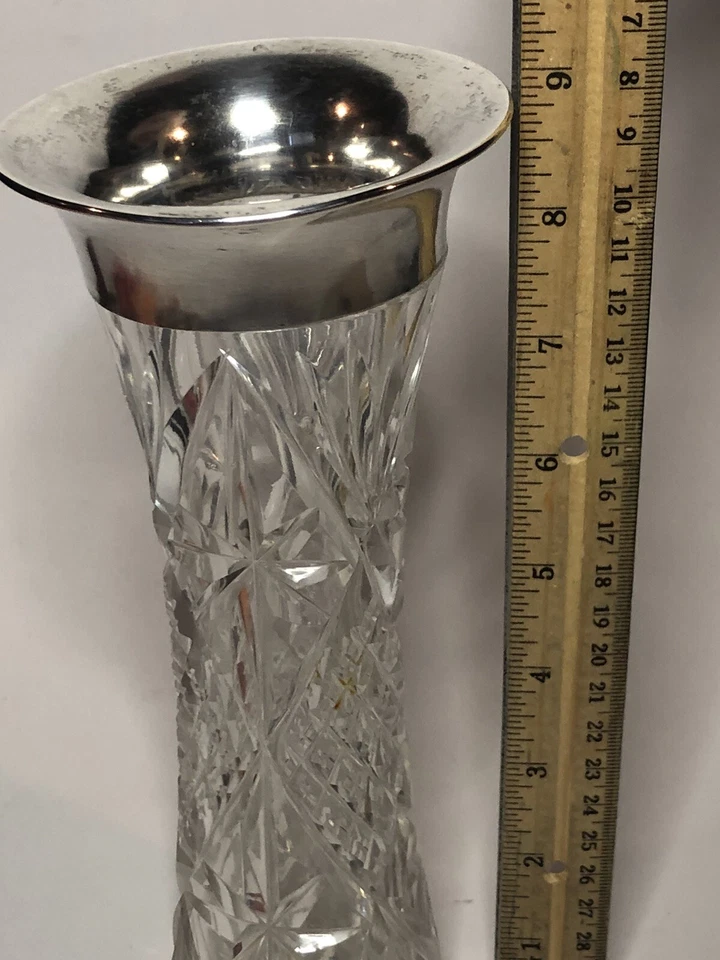 Jarrón Antiguo Cristal Corte 9" Alemán 800 Borde Plata GEBRUDER KUHN Increíblemente Raro  Foto 3 de 4