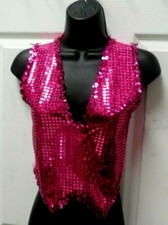 Fuchsia Faux Sequin Front Pullover Spandex Back V-Neck Vest Unisex Medium Child