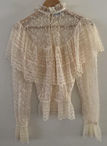 Vintage Anthea Crawford Prairie Blouse Size 8 Cream Lace Ruffle Sheer - Picture 4 of 8