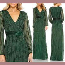 NWT 598 Mac Duggal 20 Sequined Wrap Over Puff Sleeve Gown Dark Green G1665