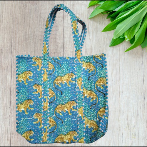 Sac Bandoulière Indien Matelassé Bleu Tigre - Coton, Fait Main En Inde, Taille Moyen