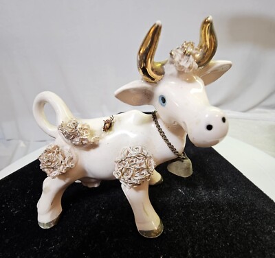 Lenwile Ardalt Japan? vtg Spaghetti Trim Light Pink Cow Ceramic Figurine- READ