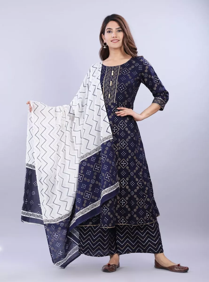 Kurta Set for Women Navy Blue & Beige Printed Pure Cotton Kurta With  Trousers and Dupatta Indian Dress Salwar Kameez Set Ethnic Wear - Etsy