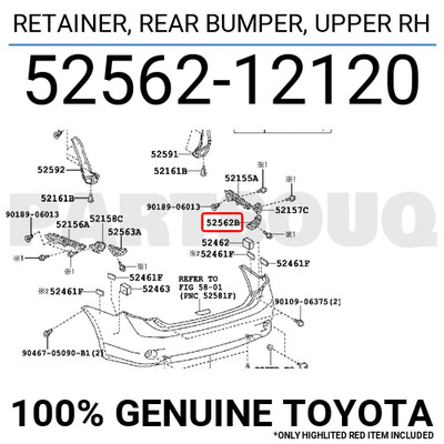 5256212120 Genuine Toyota RETAINER, REAR BUMPER, UPPER RH 52562-12120 ...