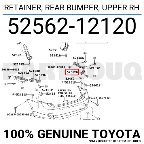 5256212120 Genuine Toyota RETAINER, REAR BUMPER, UPPER RH 52562-12120 ...