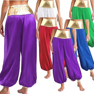 US Women Bell Bottom Puff Costumes Boho Harem Leg Pants Lantern Long Pants Shiny