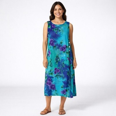 La Cera Dress Womens S Blue Floral Trapeze Swing Midi Rayon Sundress Lightweight