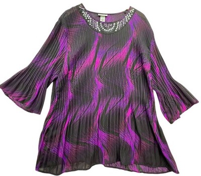 Maggie Barnes Catherines Women Pleated Tunic Top 1X 18/20W Purple Black Abstract