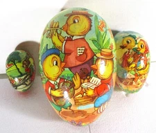3 CA 1950S PAPER MACHE WESTERN GERMAN EASTER EGG CONTIANERS, 3 SIZES MINT