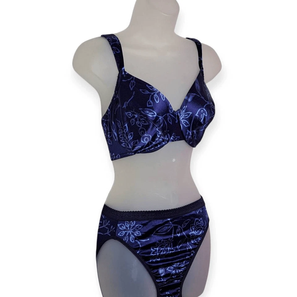 Victoria's Secret Vintage Women's Second Skin Blue Satin Matching Floral Set 34D - Image 2 of 4