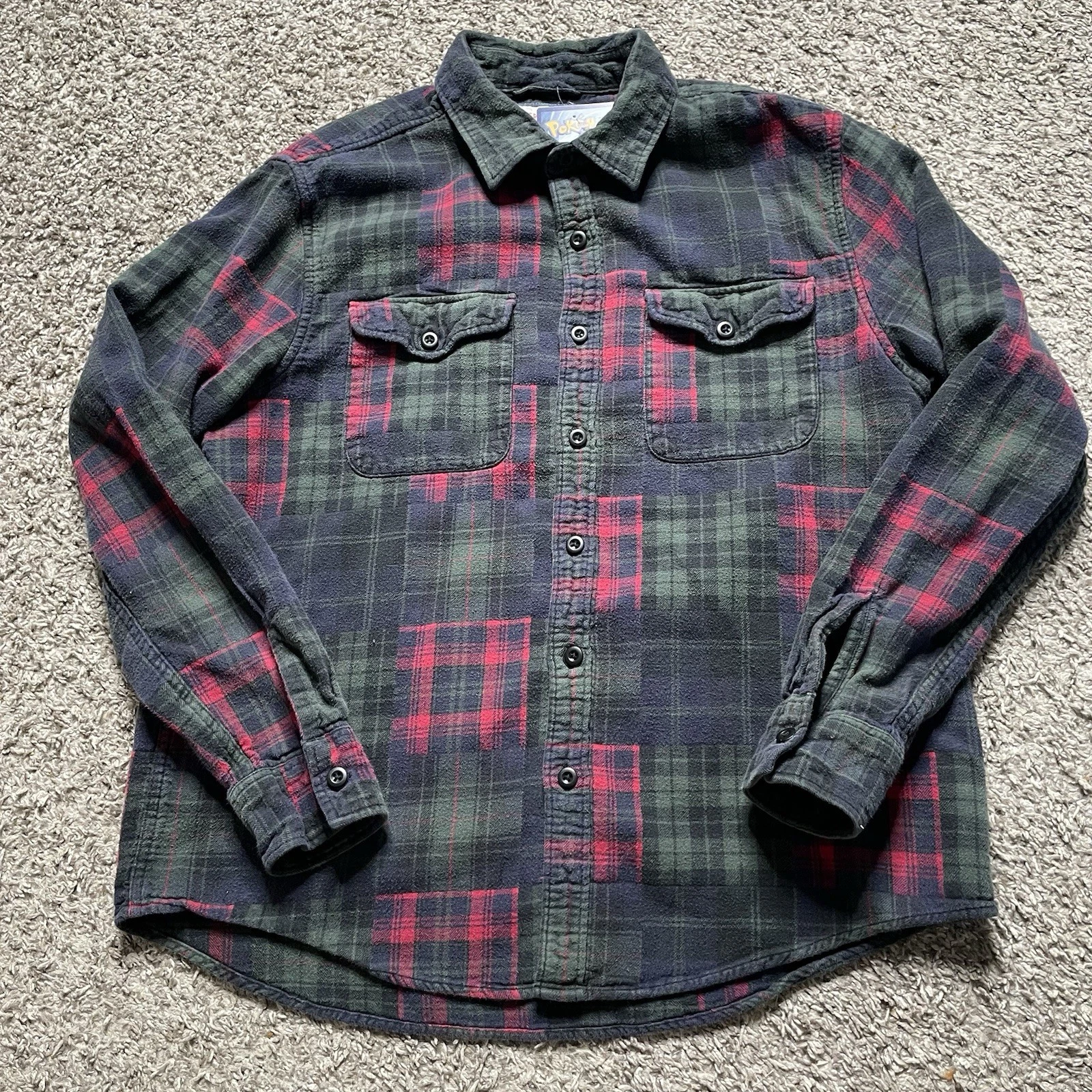 Vtg American Eagle Flannel Shirt Mens Large Red Green Plaid Button Up Utility