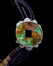 Kings Manassa Turquoise /Onyx & Sterling Silver Bolo Tie Inlay W/ Sterling Tips