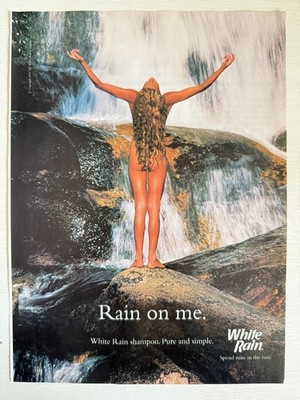 Vintage Y2K White Rain Shampoo Nude Woman at Waterfall Advertisement Print Ad