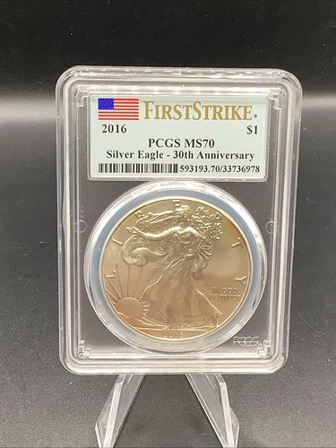 2016 Silver Eagle S$1 PCGS MS70 30th Anniversary First Strike Type 1 Flag Label