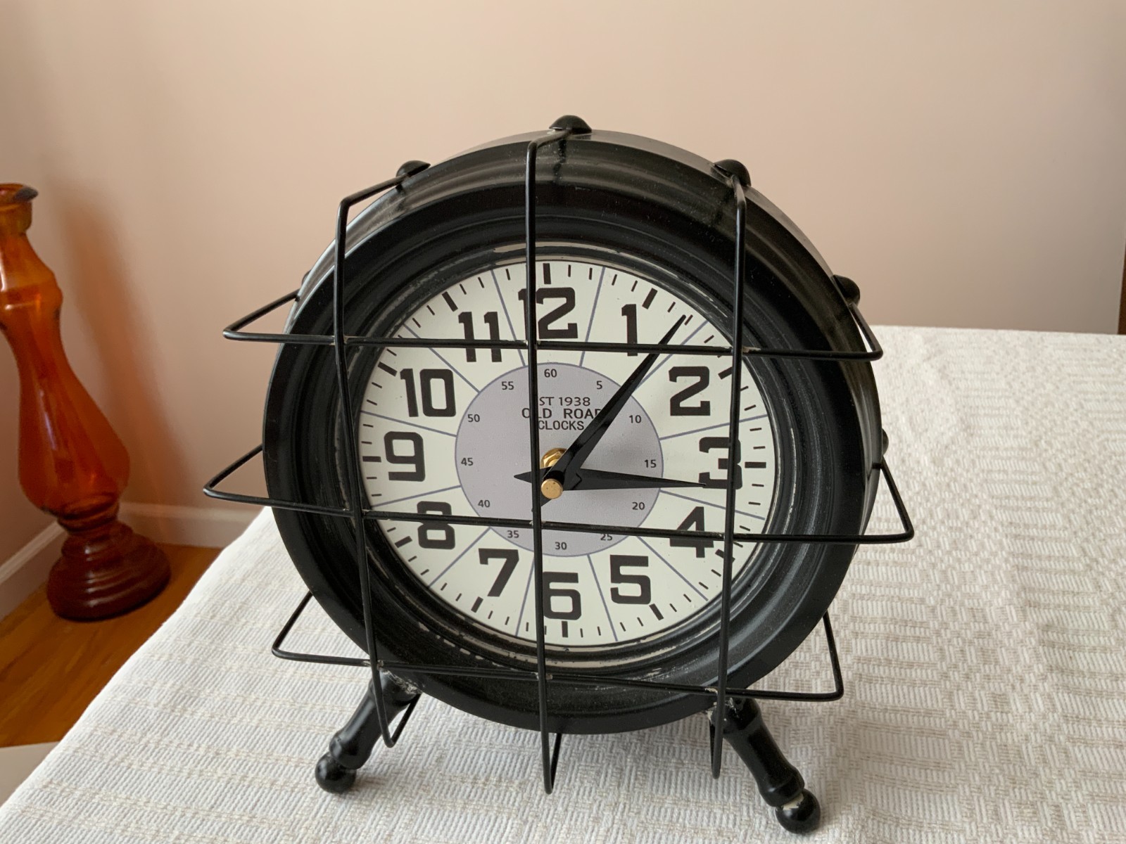 Table Desk Analog Clock Round Black Metal Caged