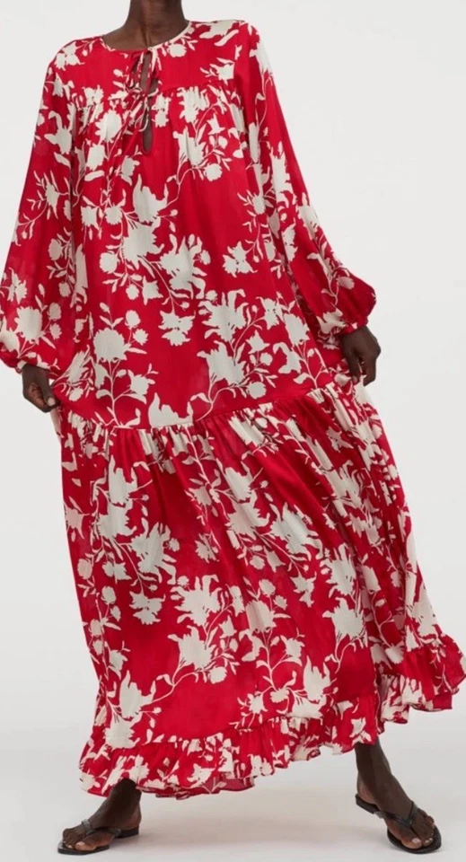 NWOT Johanna Ortiz x H&M Red Wild Roses Voluminous Satin Maxi Dress Kaftan Sz XS - Image 2 of 4