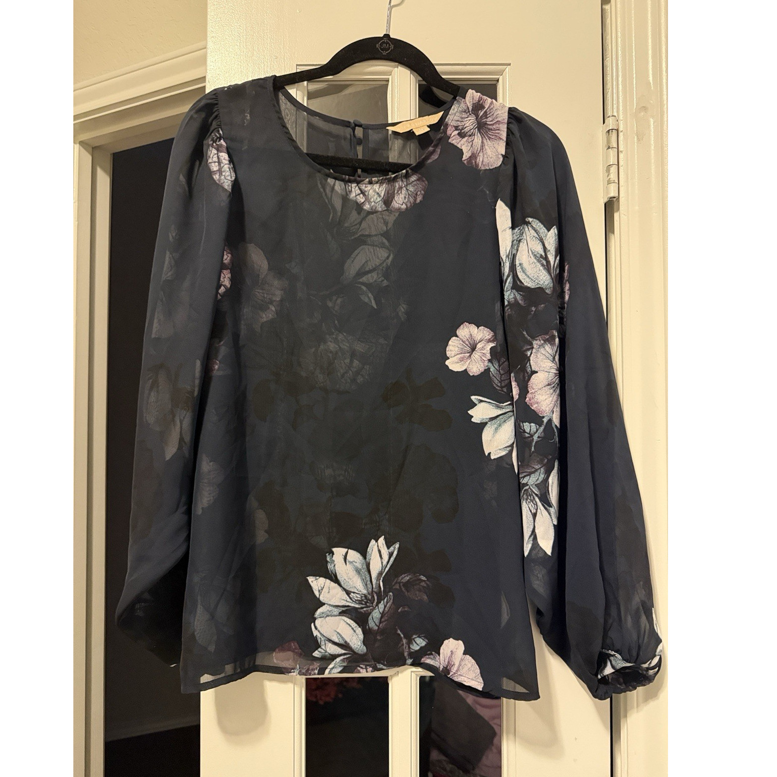 Hope & Harlow Women's M Sheer Floral Chiffon Blouse Balloon Sleeve Black