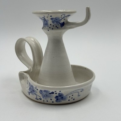 Pottery Colonial Chamber Candlestick Holder With Snuffer Hook White Blue Floral