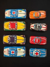 Vintage Lot of 8 Japanese Tin Toy Cars – Ambulance, Taxi, Police – 1950s–60s