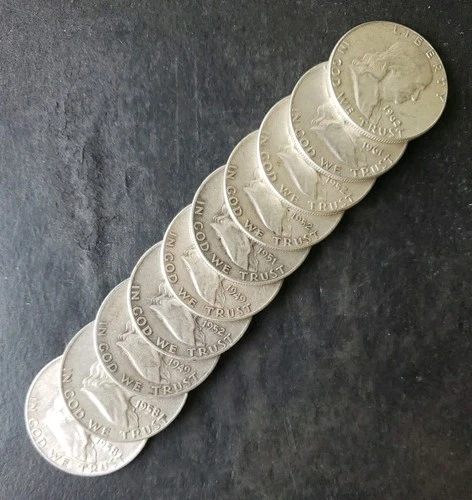 Lot of 10 50c Franklin Silver Half Dollars