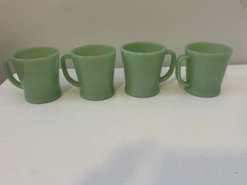 4 Vtg Fire King Green Jadeite Heavy D Handle Mugs Cups Oven Ware MCM 1950's USA