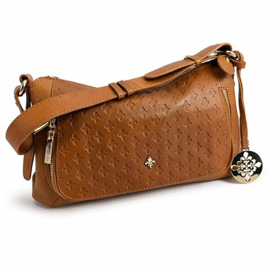 Patrick Cox braune Leder Schultertasche Fleur de Lis geprägt Reißverschluss Handtasche