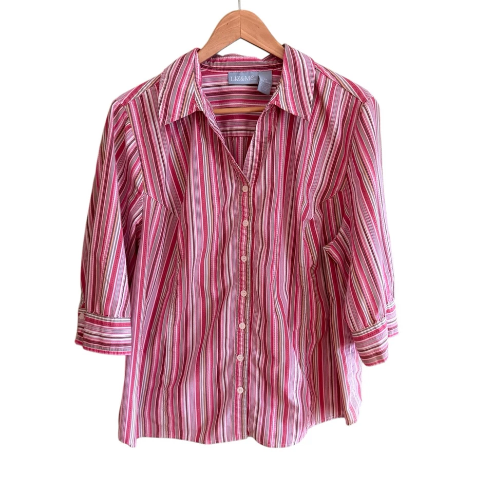 Liz & Me Mujer Talla Grande 22/24W Rosa Rayas Abotonadas Manga 3/4 Elastizada Foto 2 de 4