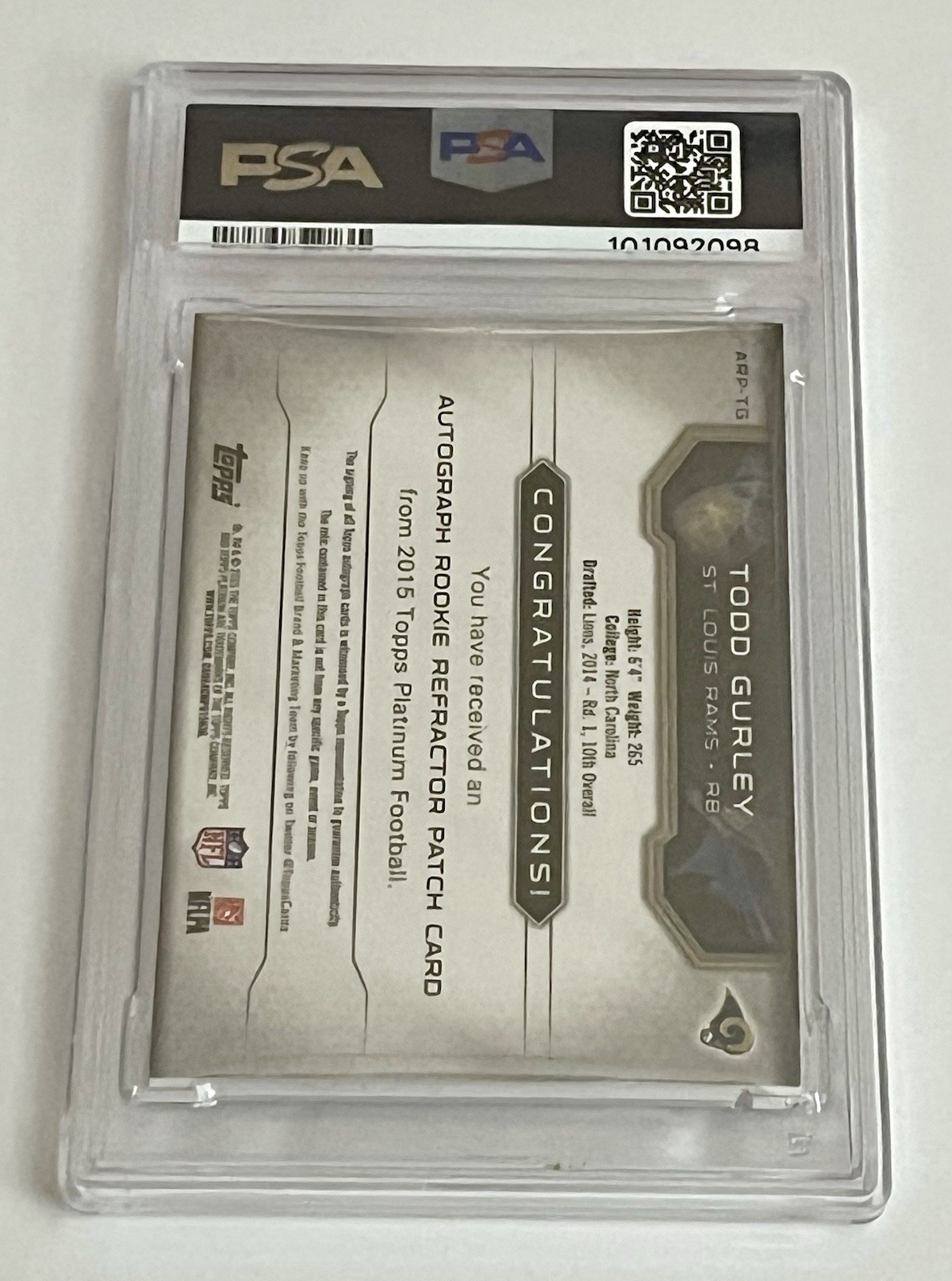 2015 Topps Platinum Todd Gurley Green RPA Auto #/99 PSA 9 Mint 10 Auto RC view 8