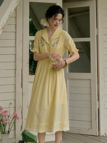 Embroidered V Neck Lapel Puff Sleeve Cotton High Waist Midi Dress Size Large