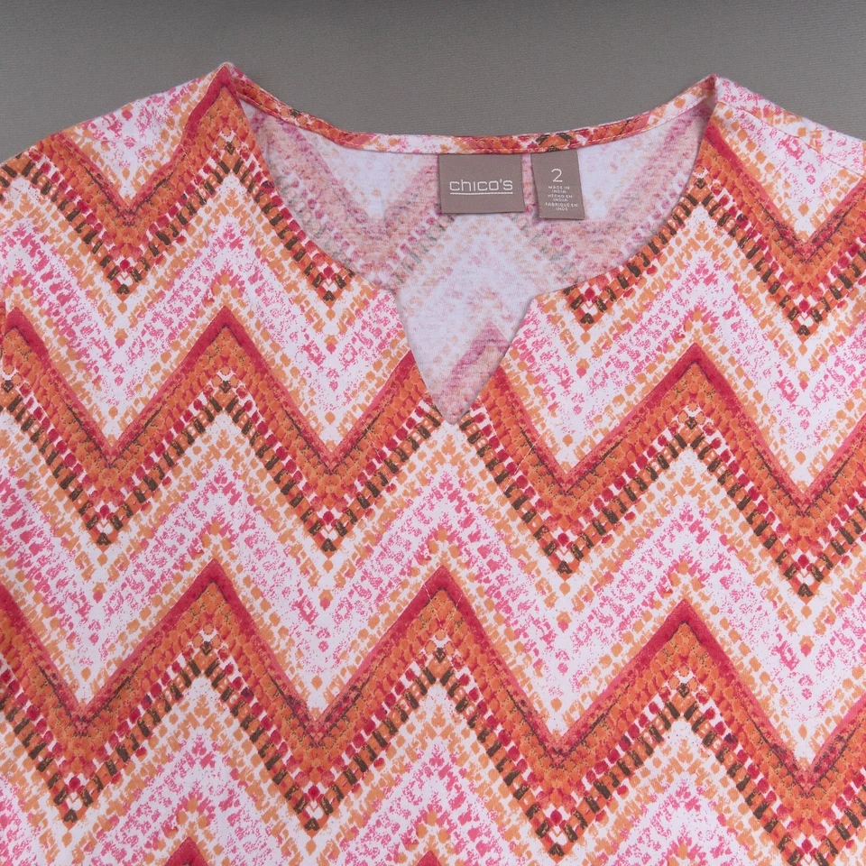 Blusa Chico’s para mujer L rosa naranja estampado de azulejos en zigzag cuello en V manga 3/4 Foto 2 de 4