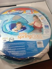 SwimWays BLUE Baby Spring Pool Float w/Adjustable Removable Sun Canopy Carry Bag