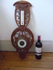 ANTIQUE FRENCH BLACK FOREST CARVED WOOD WALL BAROMETER THERMOMETER WITH FLOWERS