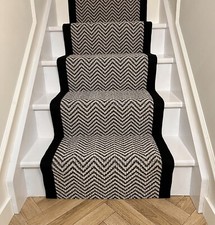 Carpet Stair Runner 7M X 60cm Black & Greige Herringbone With Black Taped Edge.