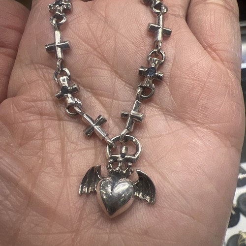 925 STERLING SILVER SAPPHIRE CROSS LINKS BRACELET W/ WING HEART CHARM 7” 14.3g - Picture 2 of 9